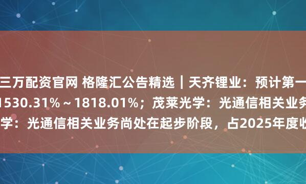 三万配资官网 格隆汇公告精选︱天齐锂业：预计第一季度净利润同比增长1530.31%～1818.01%；茂莱光学：光通信相关业务尚处在起步阶段，占2025年度收入比例较低